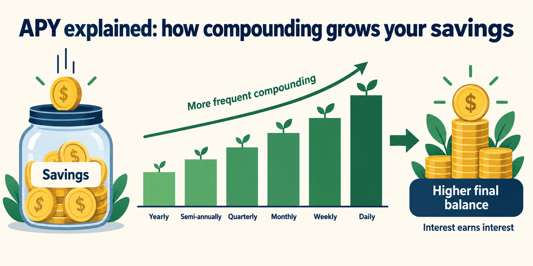 APY vs compounding frequency comparison chart: yearly to daily interest on a 5% rate