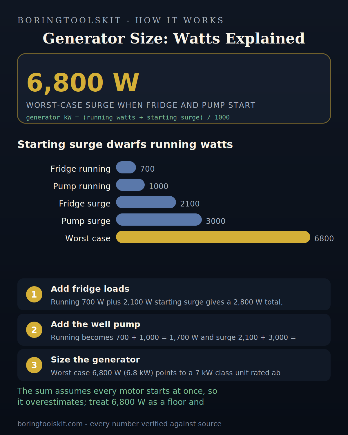 Refrigerator and well pump running watts vs starting surge