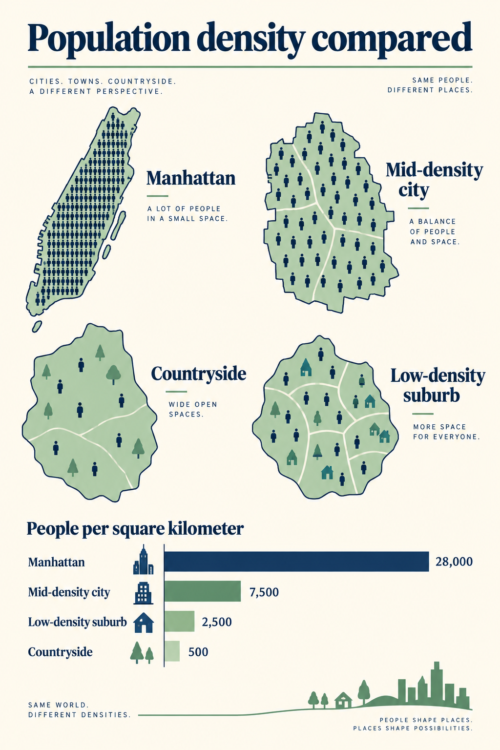 Population density comparison chart: people per square kilometer from Manhattan to countryside