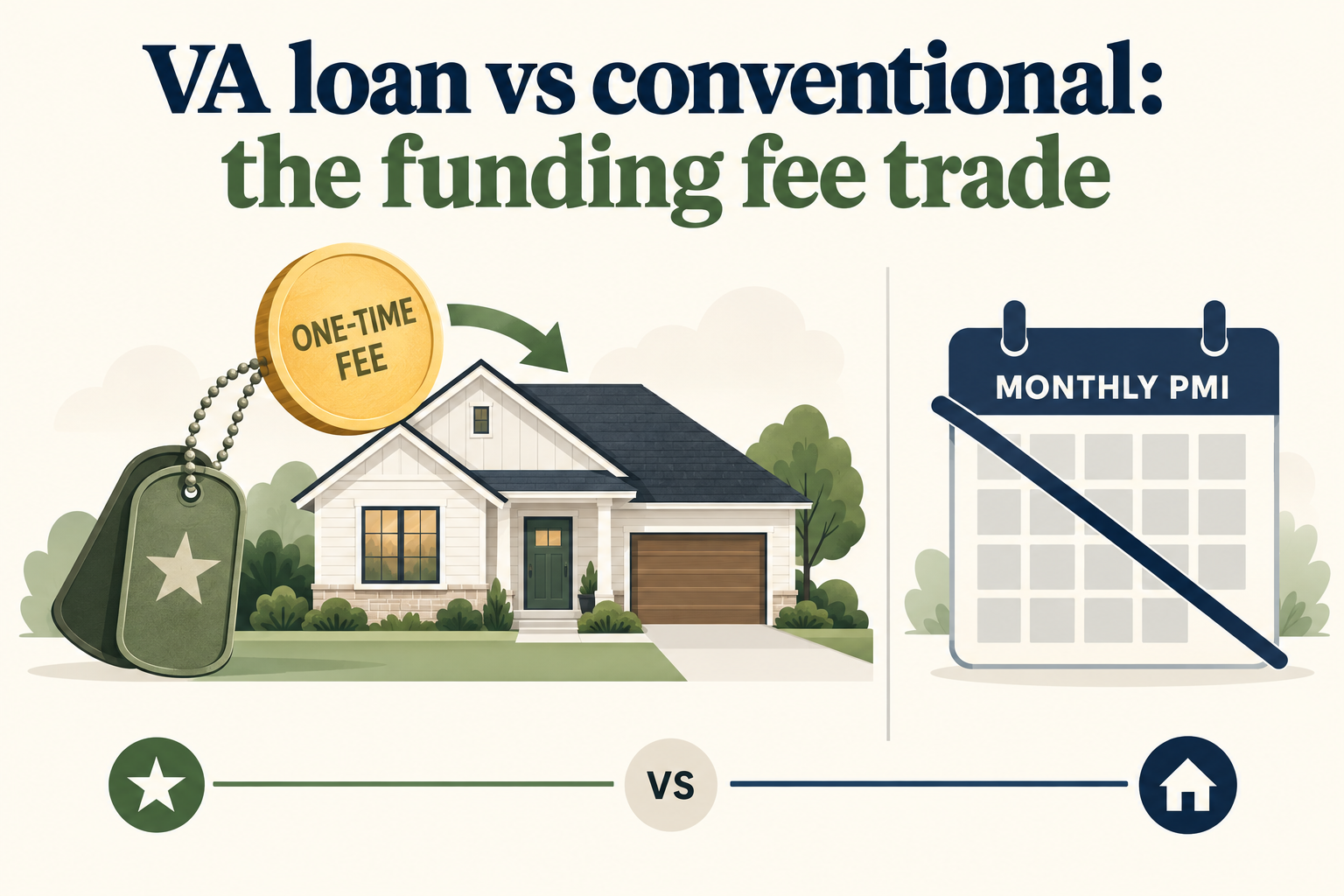 VA loan vs conventional loan comparison: one-time VA funding fee versus monthly PMI, 2026