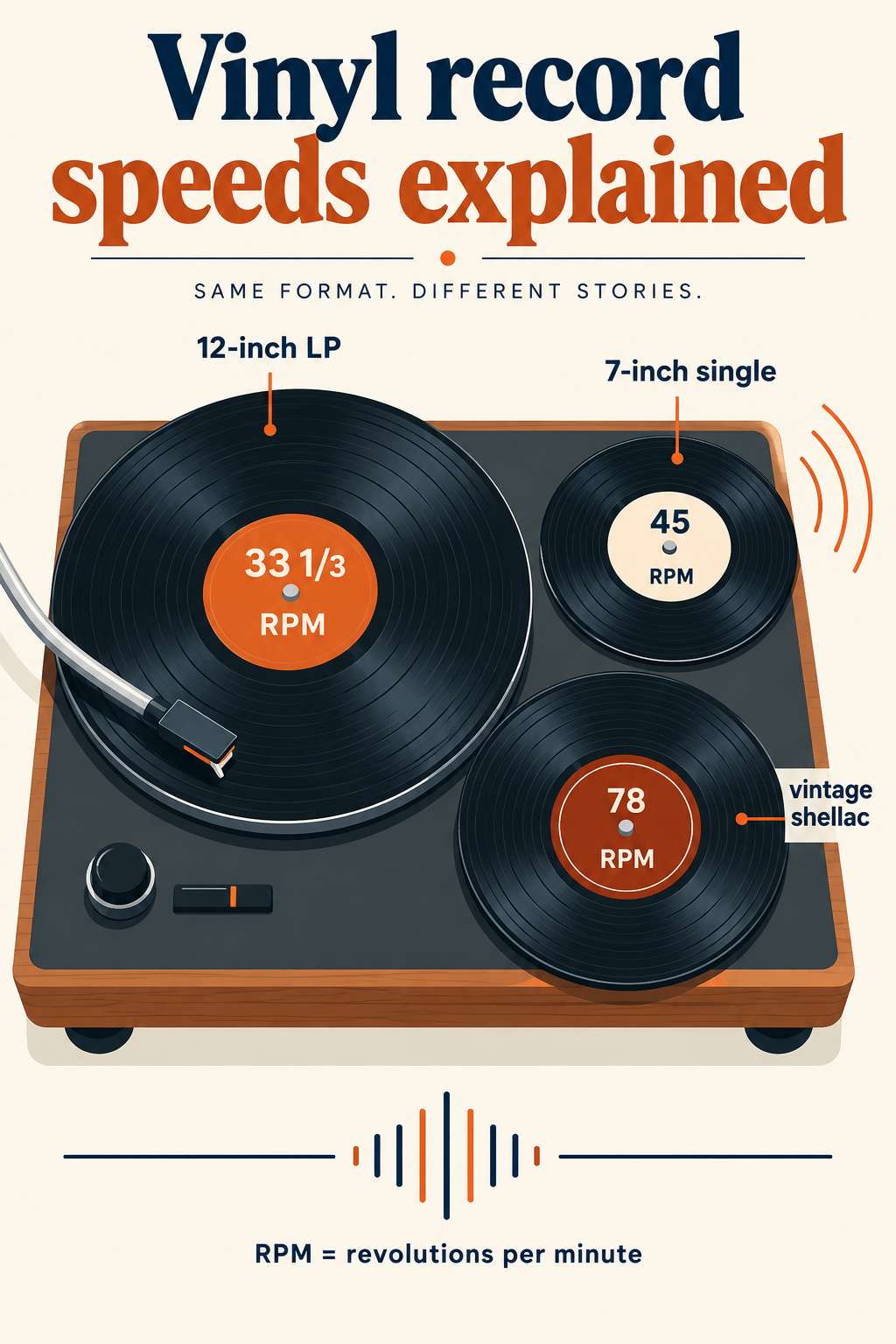 Vinyl record speeds explained: 33 1/3, 45, and 78 RPM on 12-inch, 7-inch, and shellac records
