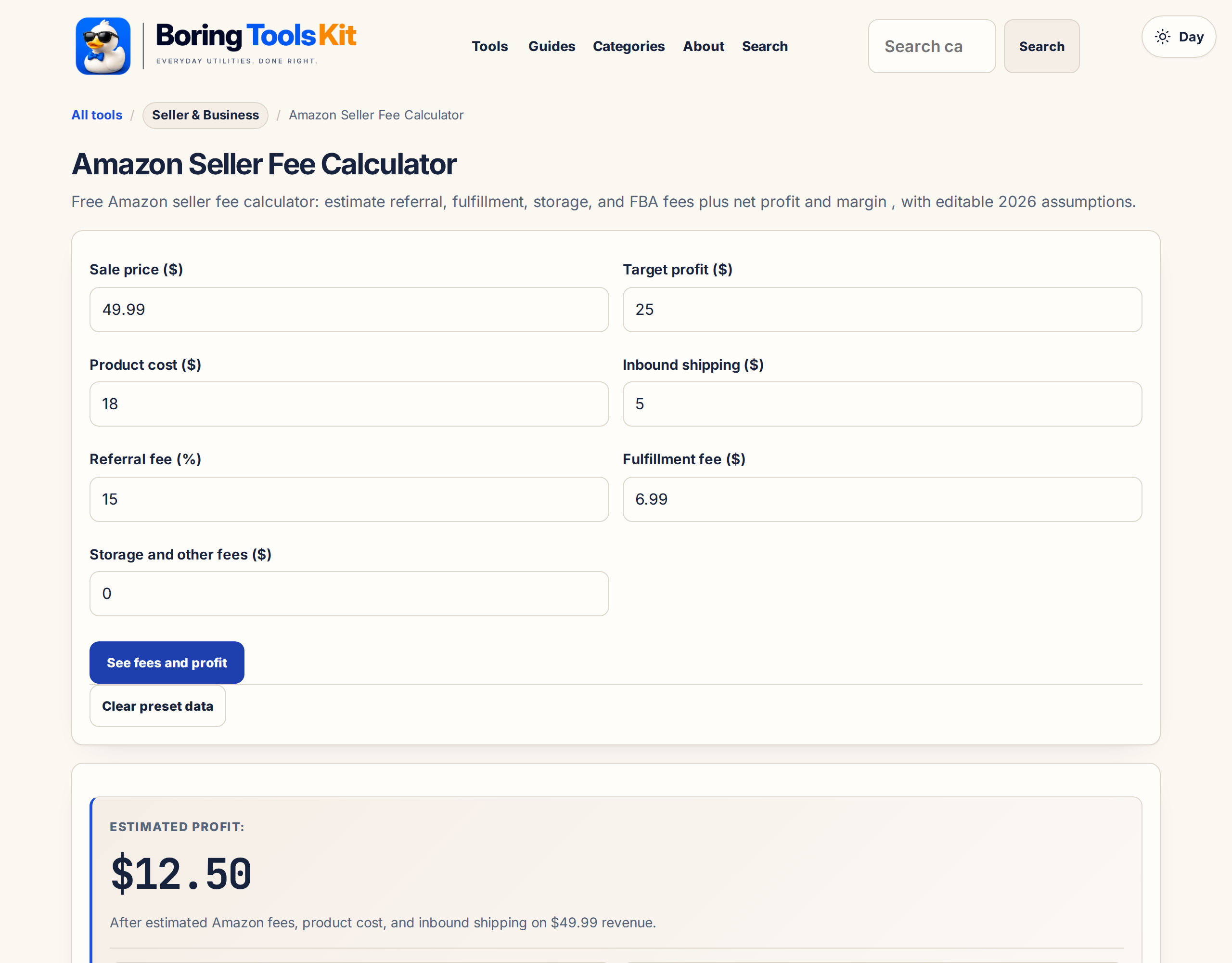 This calculator in use: the inputs and result shown here are produced by this page, locally, and exist nowhere else.