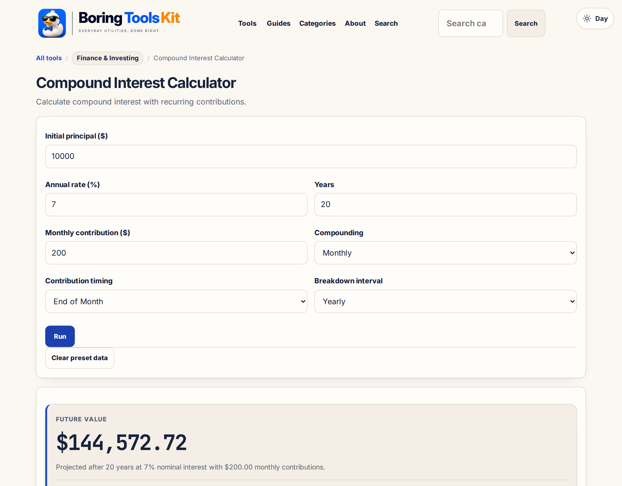 This calculator in use: the inputs and result shown here are produced by this page, locally, and exist nowhere else.