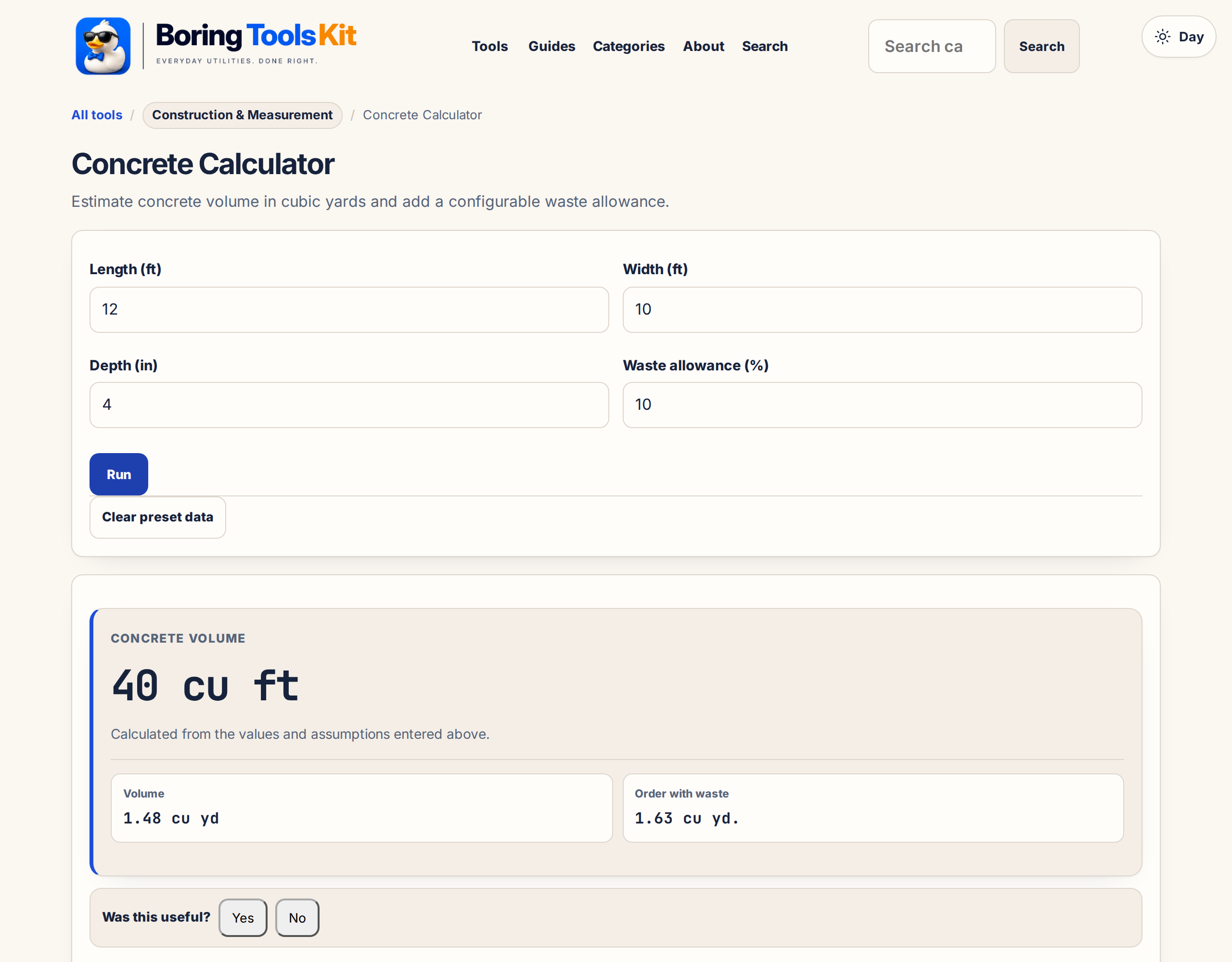 This calculator in use: the inputs and result shown here are produced by this page, locally, and exist nowhere else.