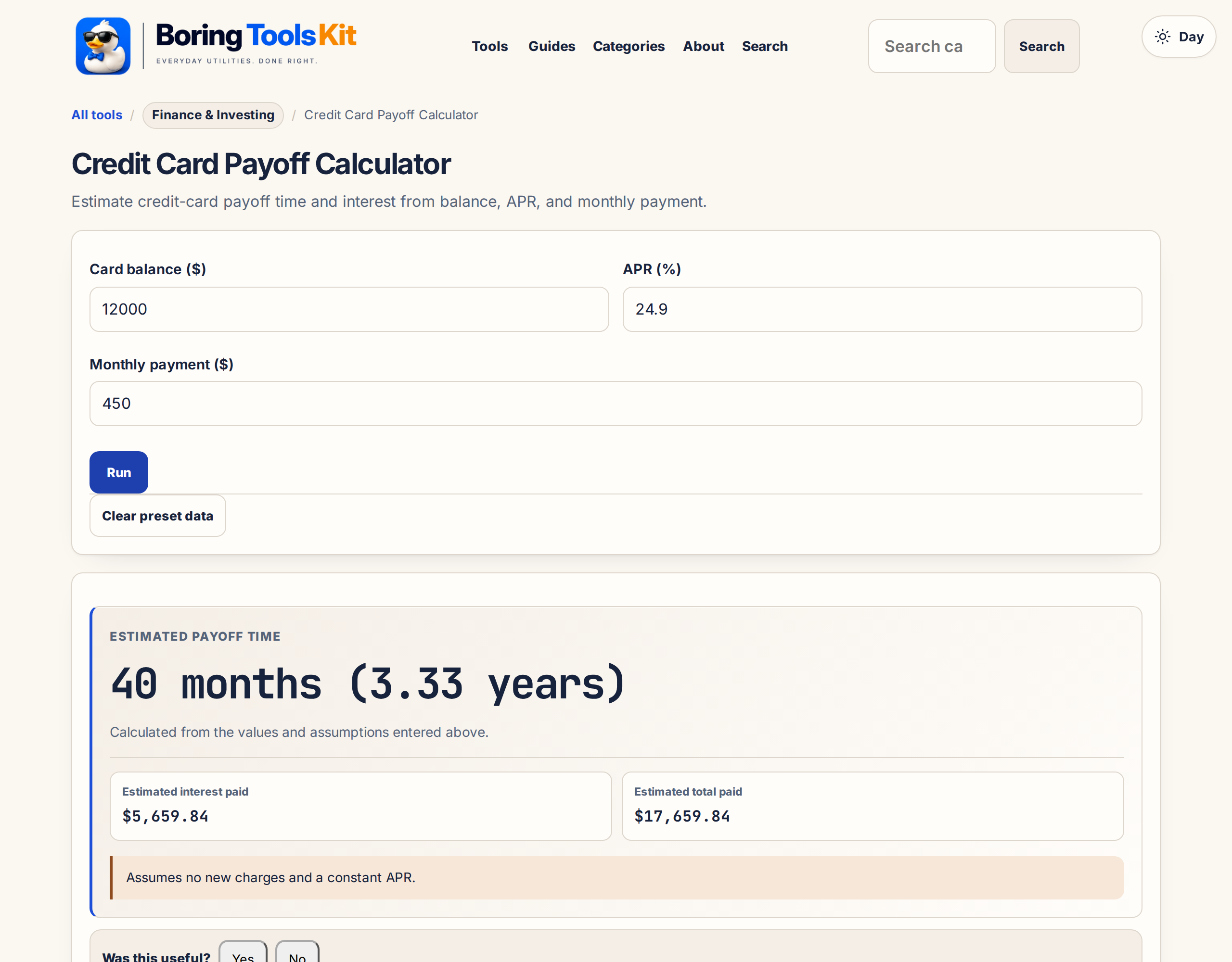 This calculator in use: the inputs and result shown here are produced by this page, locally, and exist nowhere else.