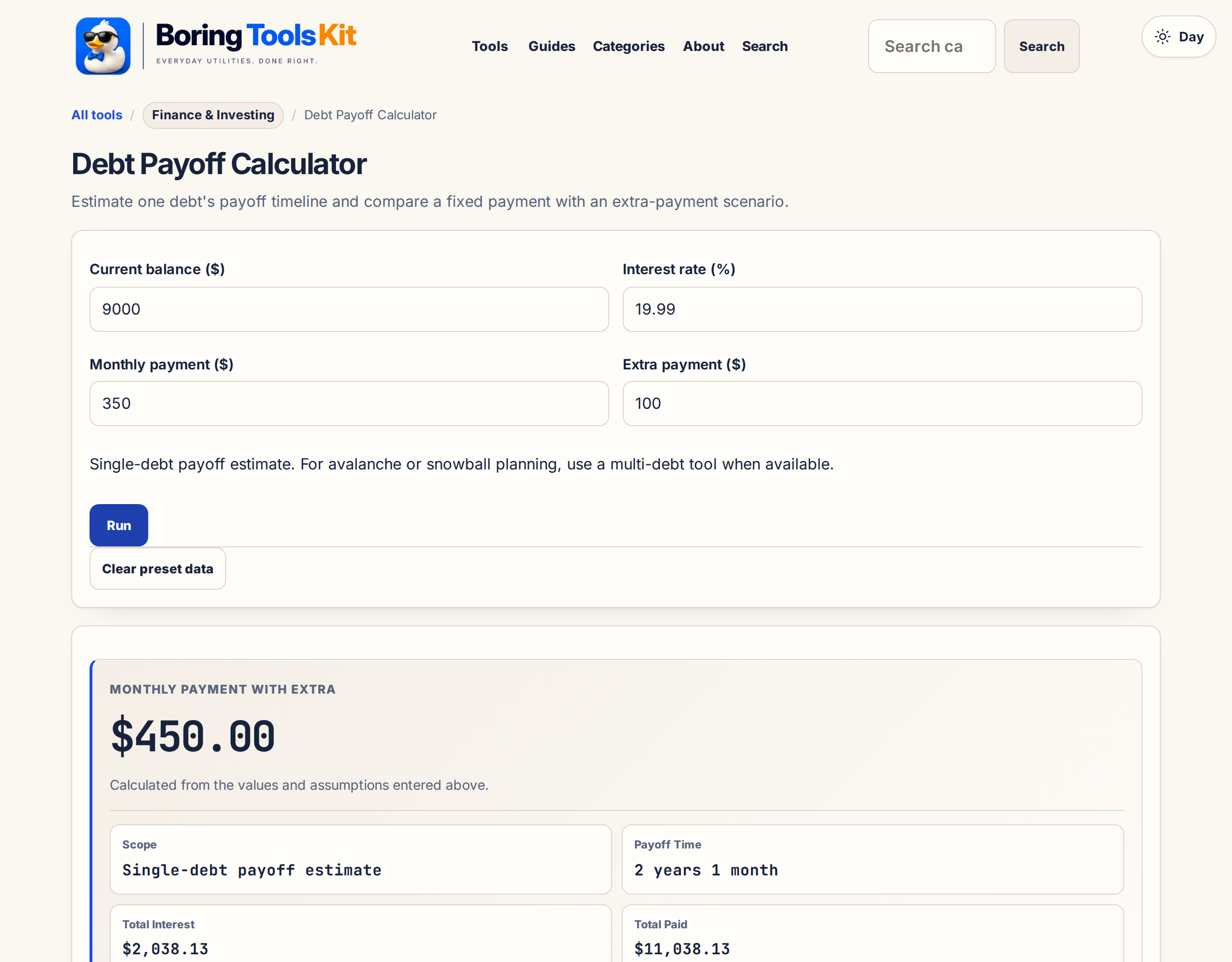 This calculator in use: the inputs and result shown here are produced by this page, locally, and exist nowhere else.