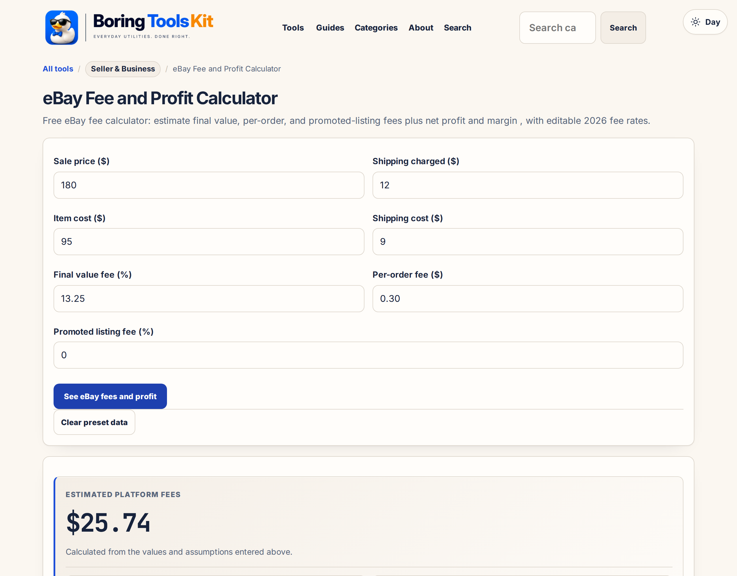 This calculator in use: the inputs and result shown here are produced by this page, locally, and exist nowhere else.