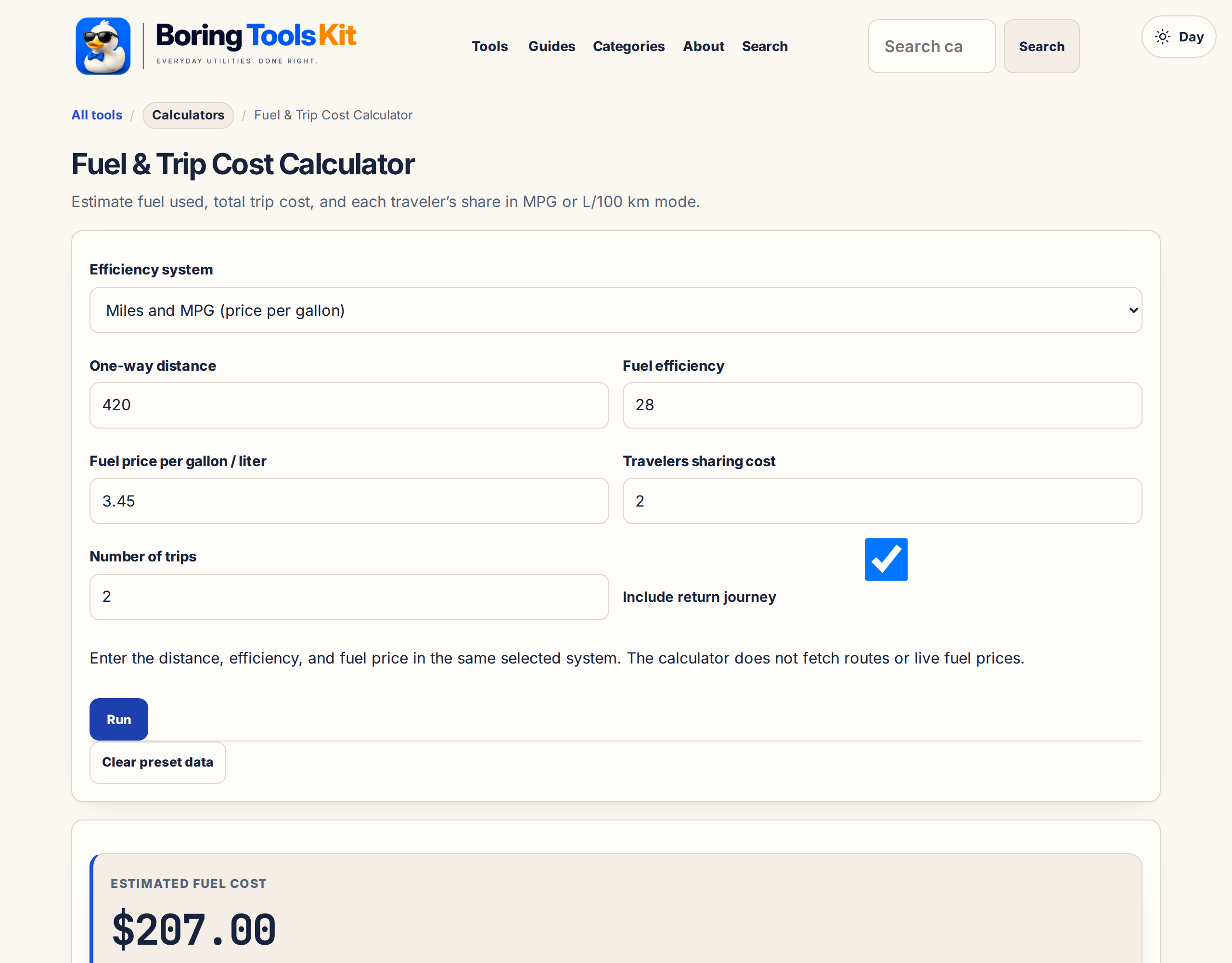 This calculator in use: the inputs and result shown here are produced by this page, locally, and exist nowhere else.
