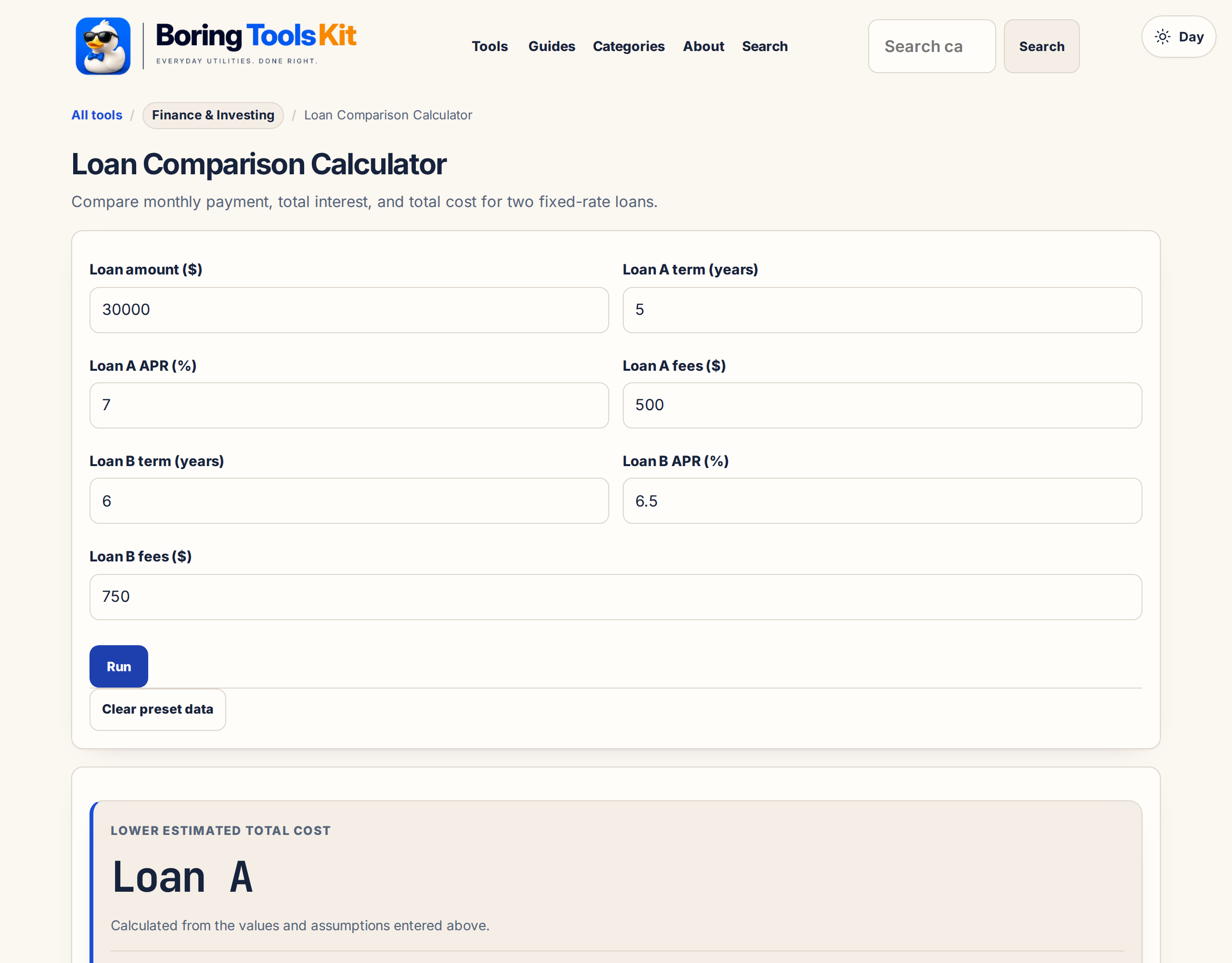 This calculator in use: the inputs and result shown here are produced by this page, locally, and exist nowhere else.