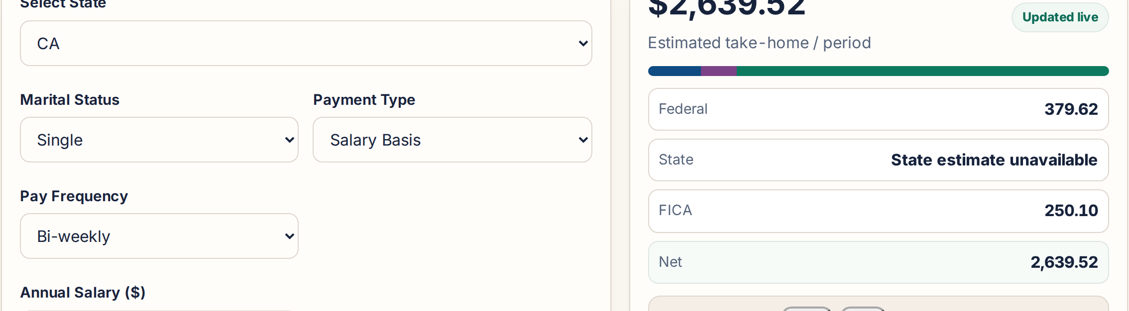 This calculator in use: the inputs and result shown here are produced by this page, locally, and exist nowhere else.