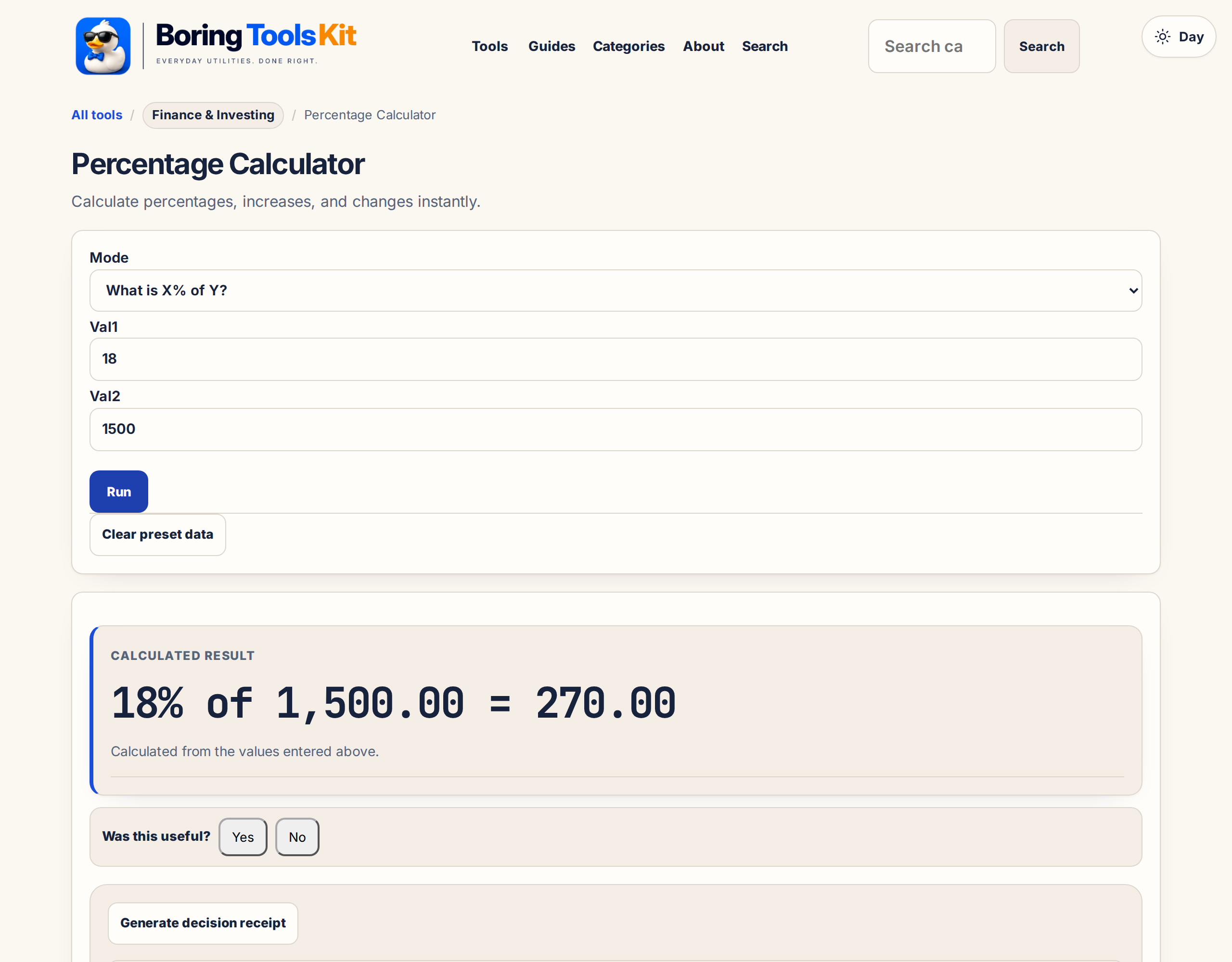 This calculator in use: the inputs and result shown here are produced by this page, locally, and exist nowhere else.