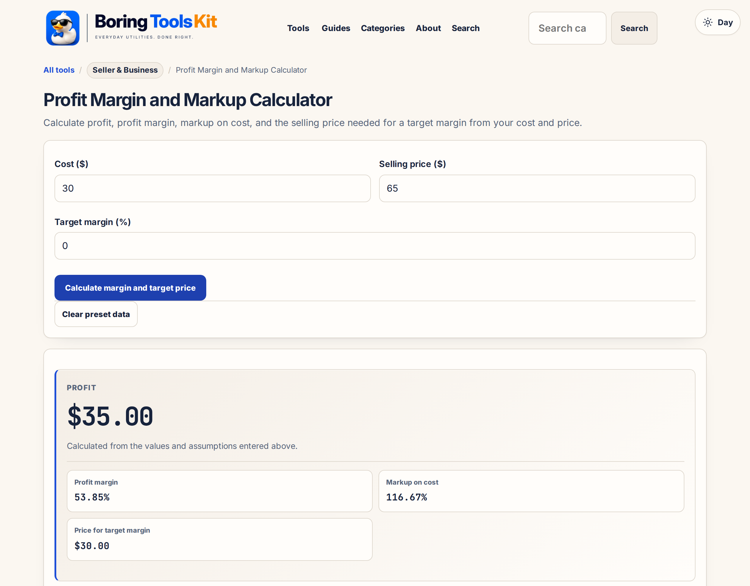 This calculator in use: the inputs and result shown here are produced by this page, locally, and exist nowhere else.