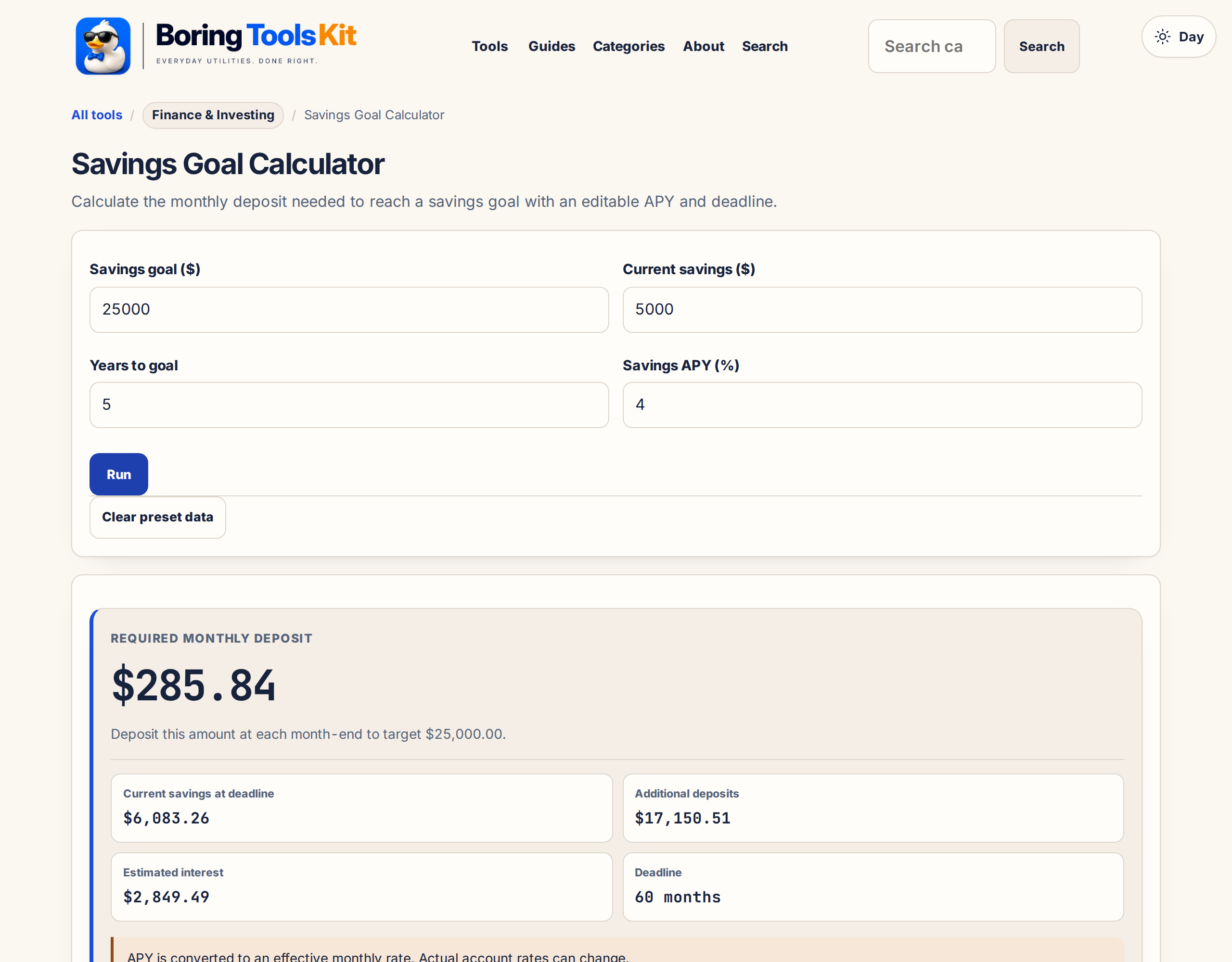 This calculator in use: the inputs and result shown here are produced by this page, locally, and exist nowhere else.