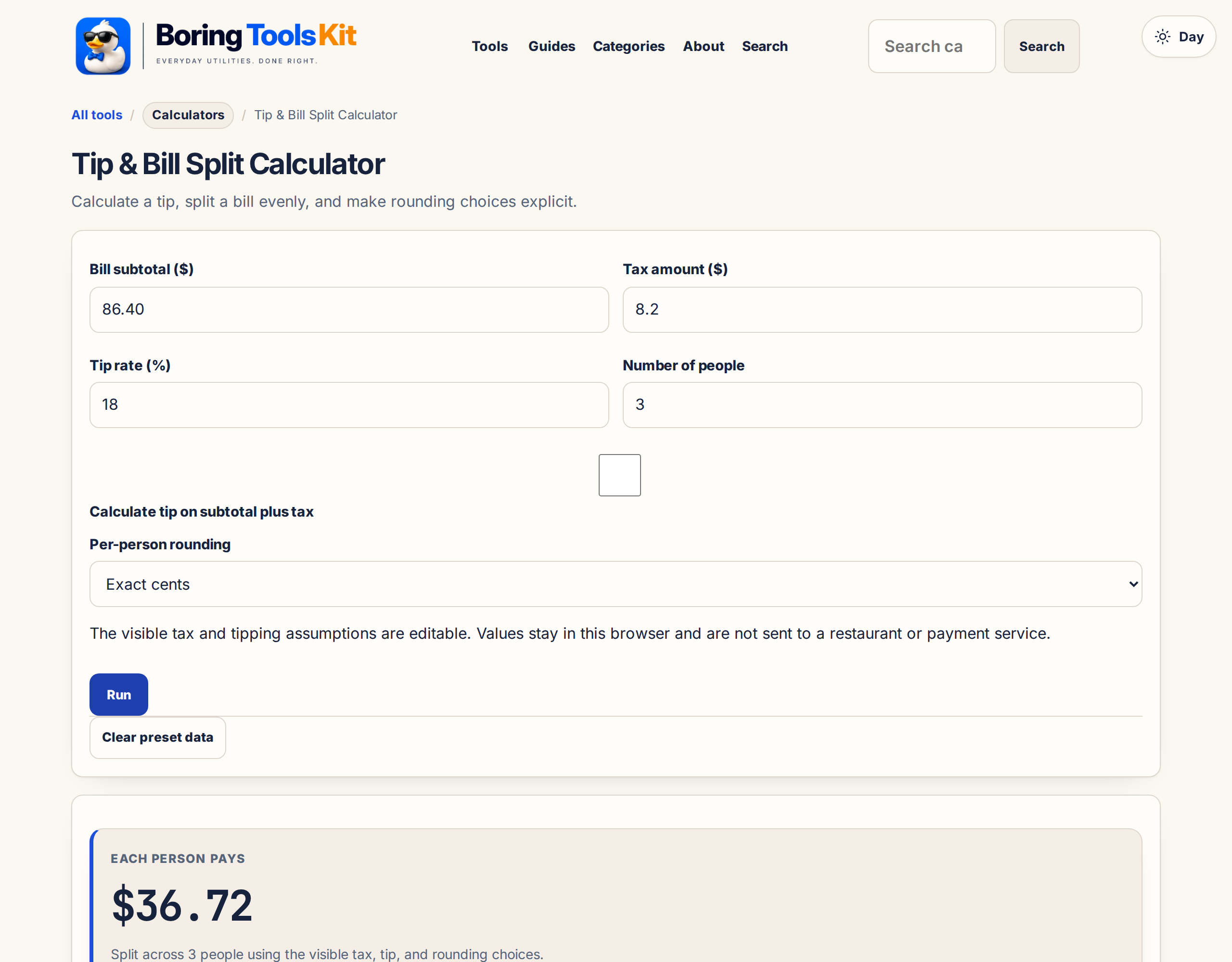This calculator in use: the inputs and result shown here are produced by this page, locally, and exist nowhere else.