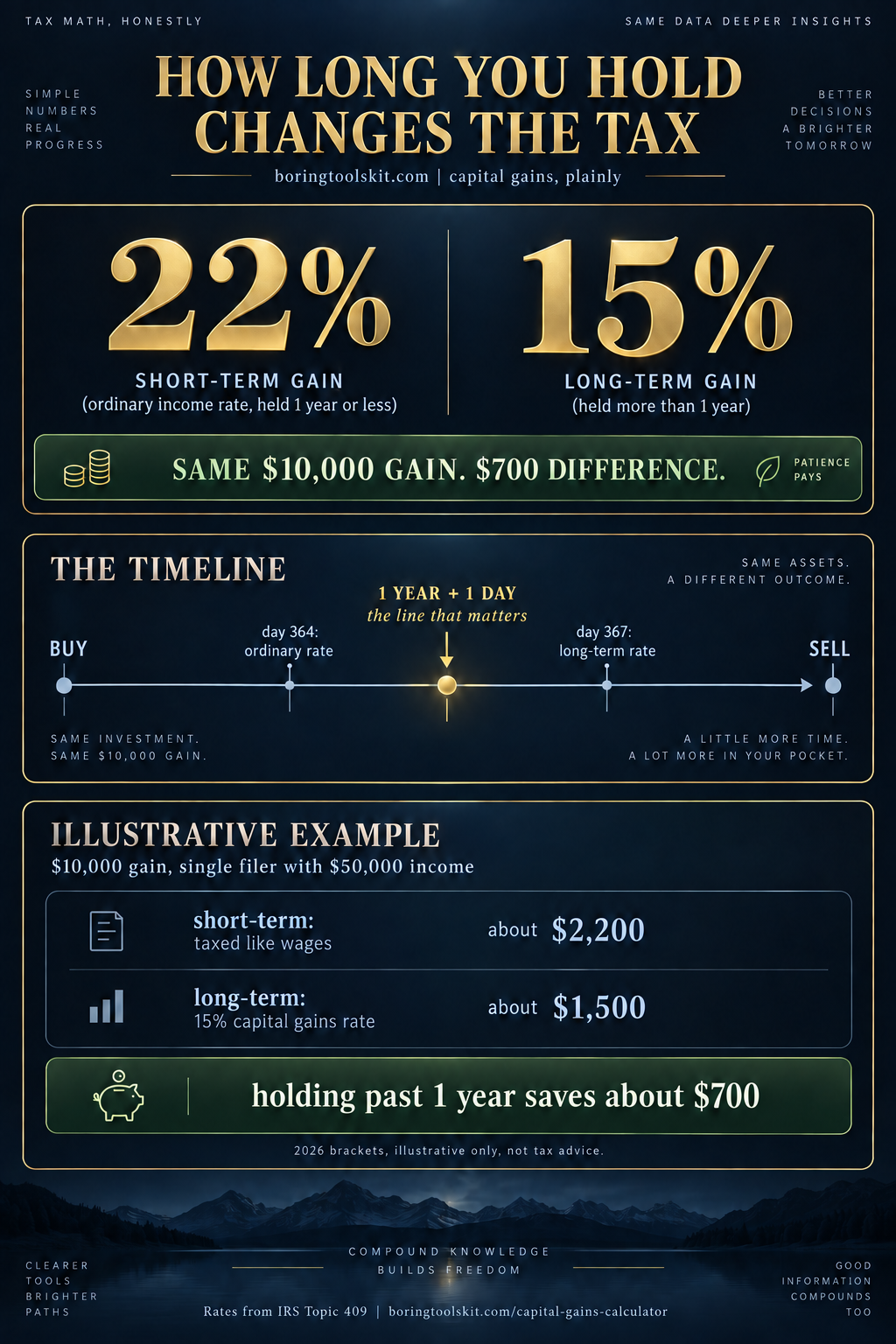 Infographic: how long you hold changes the tax, comparing 22 percent short-term versus 15 percent long-term capital gains rates with a $10,000 worked example